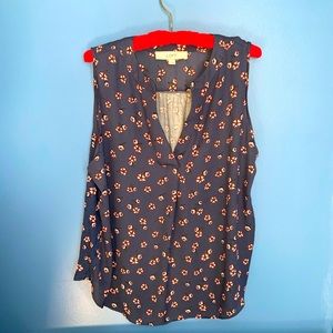 LOFT Top Smocked Split Neck Mixed Media Shell Sz M
